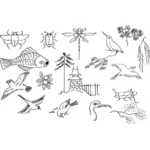 Ilustracja wektorowa zbioru podstawowych kreskówka owady i ptaki